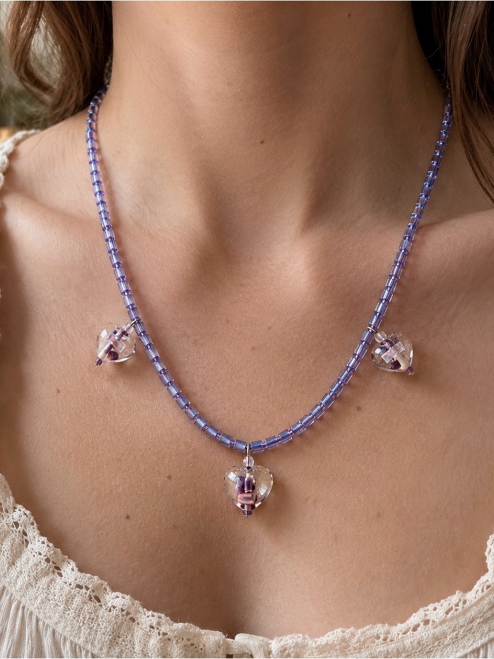 Vintage Purple Glass Beaded Heart Necklace Handcrafted Artisan Statement